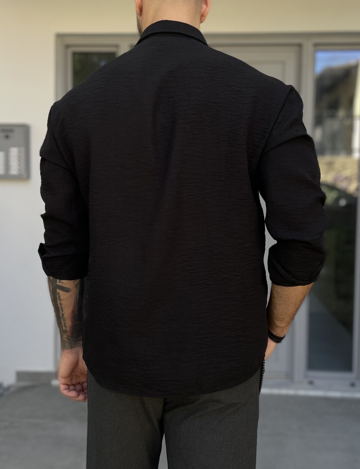 Ανδρικό μαύρο γκοφρέ Overshirt με γιακά RMZ579M φωτογραφία